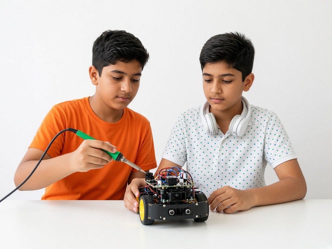 A student soldering a circuit for a model