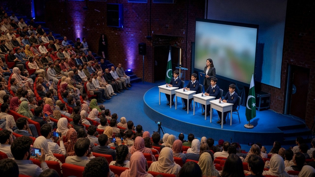 Four school students at quiz desks on stage, with a judge, in a packed auditorium