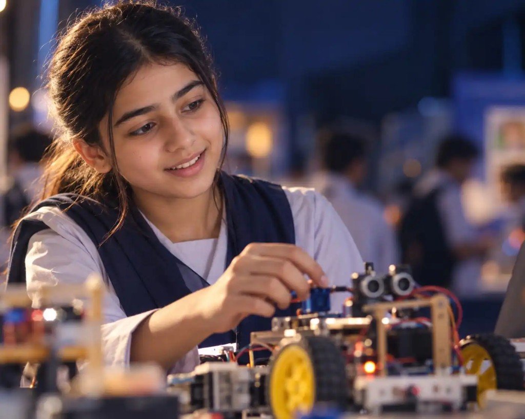 A student building a small wheeled robot in a classroom workshop