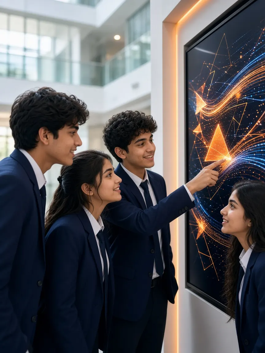 Pakistani students gathered around a digital display in a bright modern atrium